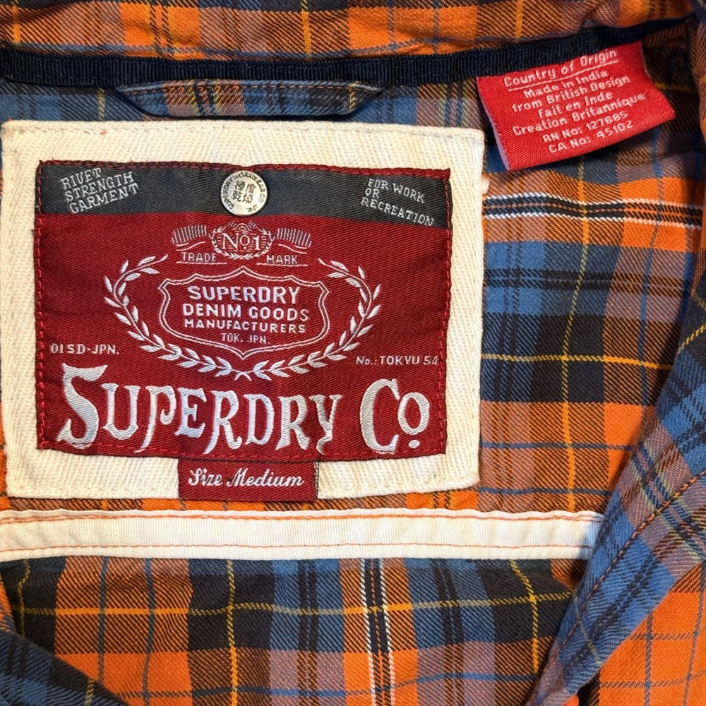 Superdry Co Womens Orange Blue Plaid Button Down Roll Tab Shirt Size Medium - Picture 3 of 4